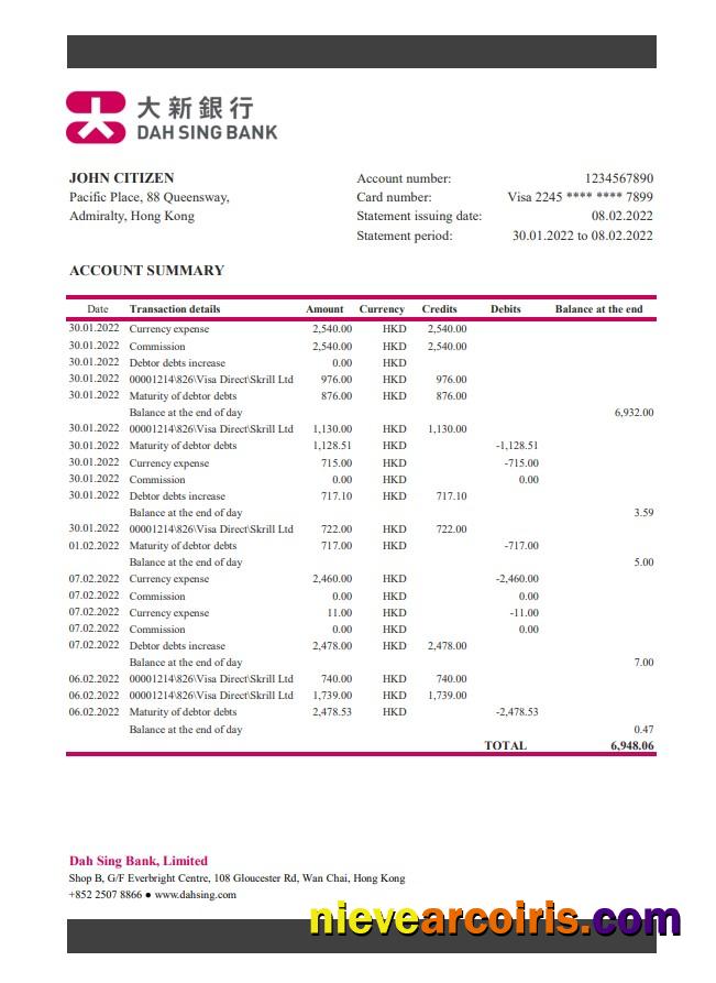 Hong Kong DAH Sing Bank statement
